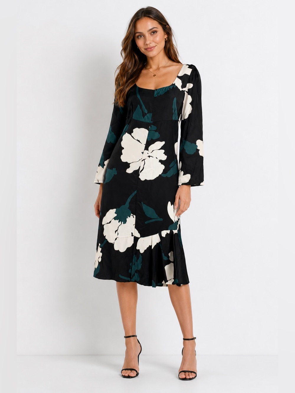 Marni Black Dress with Teal and White Floral Print, Long Sleeve